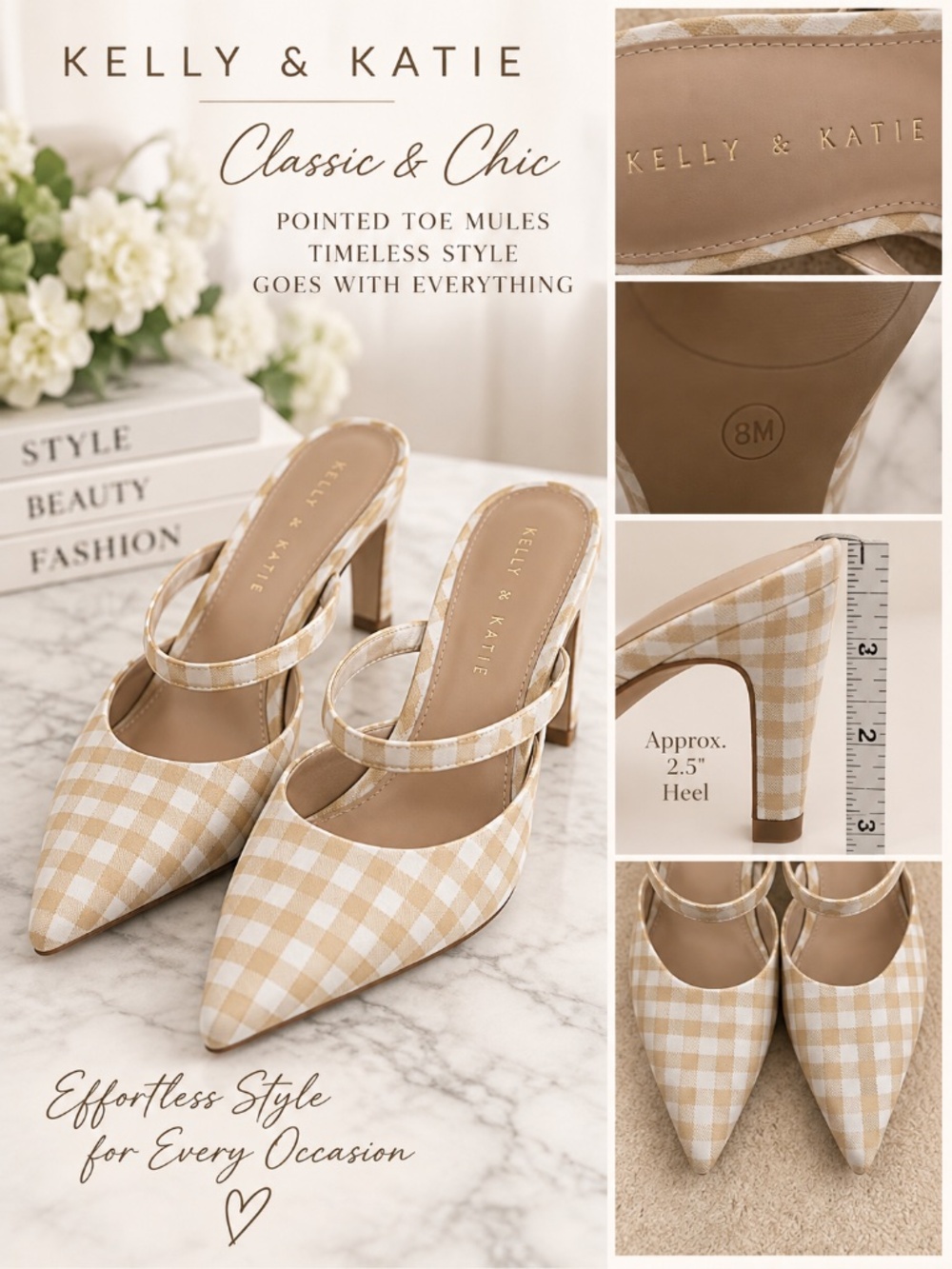 Kelly & Katie Gingham Pointed Toe Block Heel Mules Size 8M Tan White